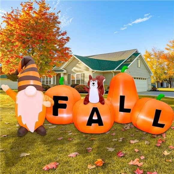 7FT Long Fall Inflatables Pumpkin Outdoor Decoration Pumpkin with Gnome Squirrel - Picture 1 of 7